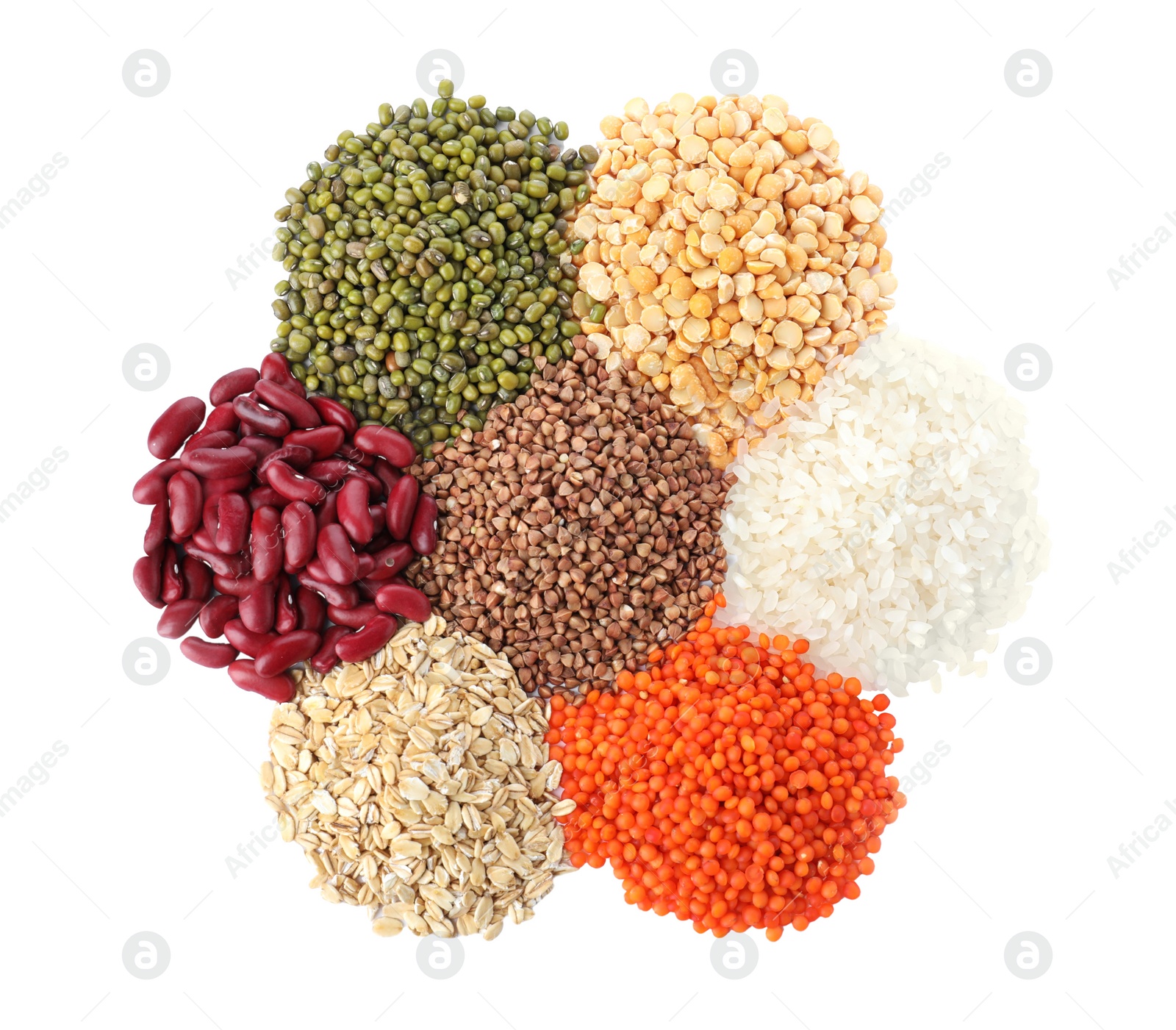 Photo of Different types of legumes and cereals on white background, top view. Organic grains