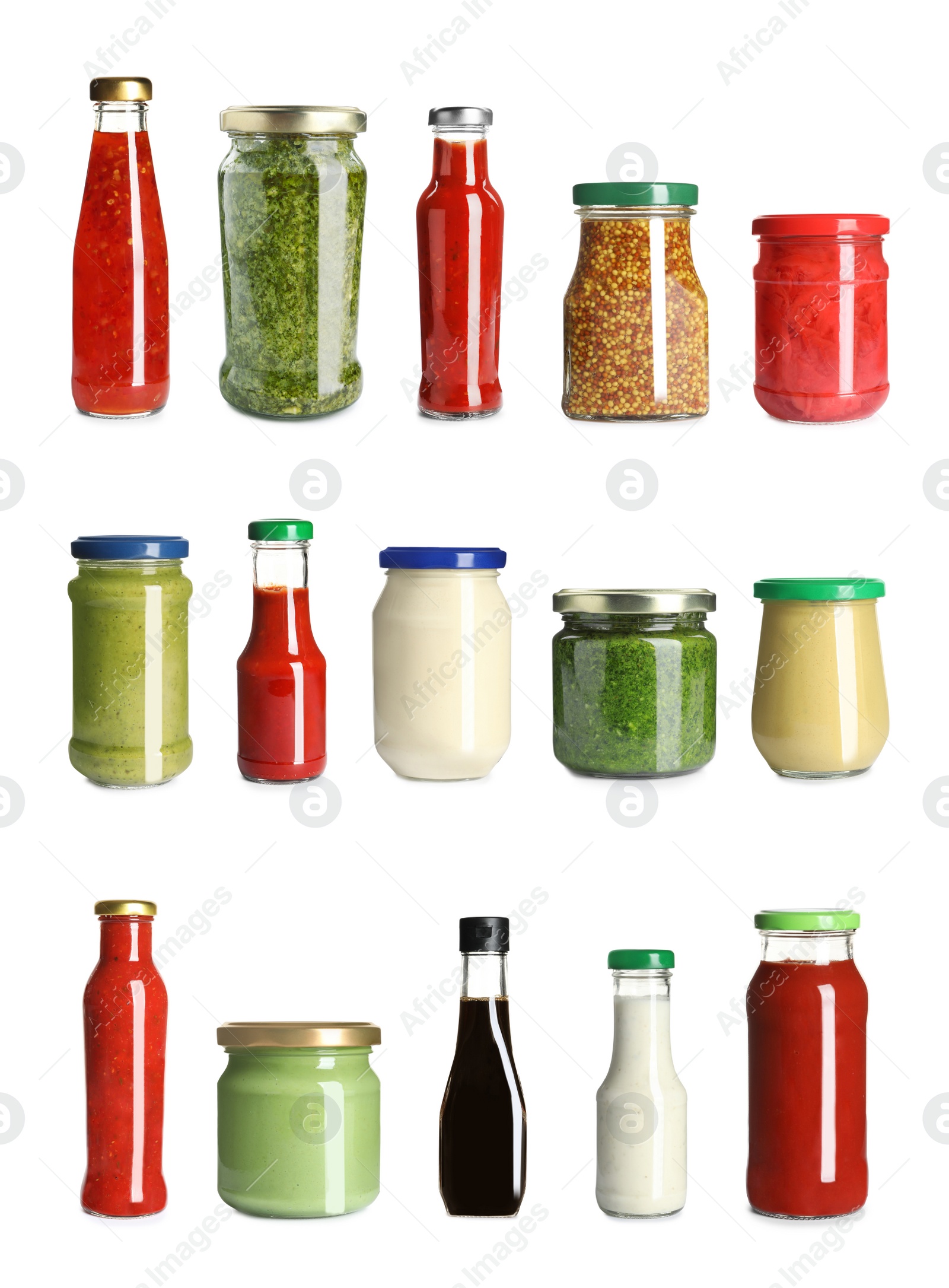 Image of Set with delicious sauces in glassware on white background