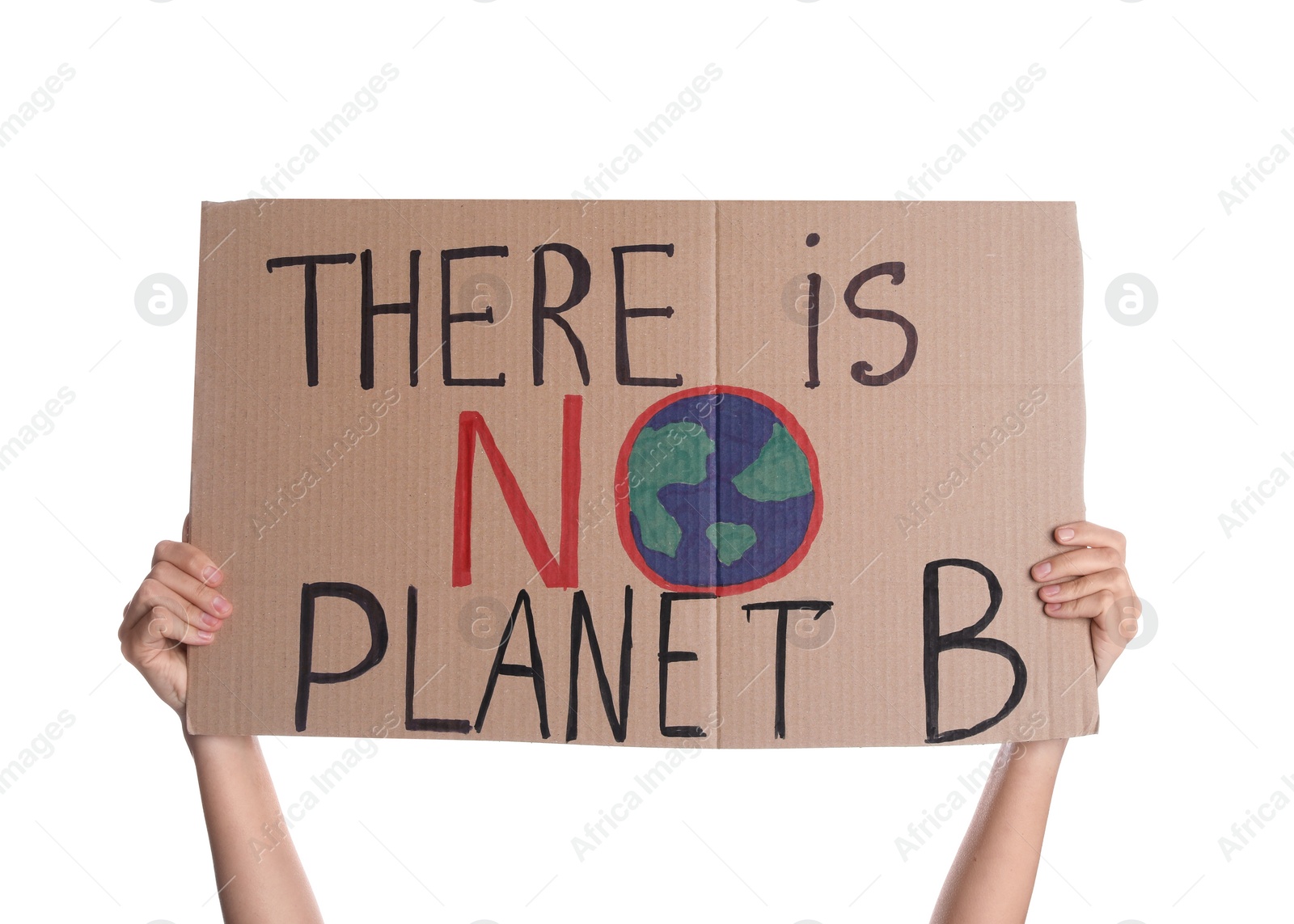 Photo of Protestor holding placard with text There Is No Planet B on white background, closeup. Climate strike