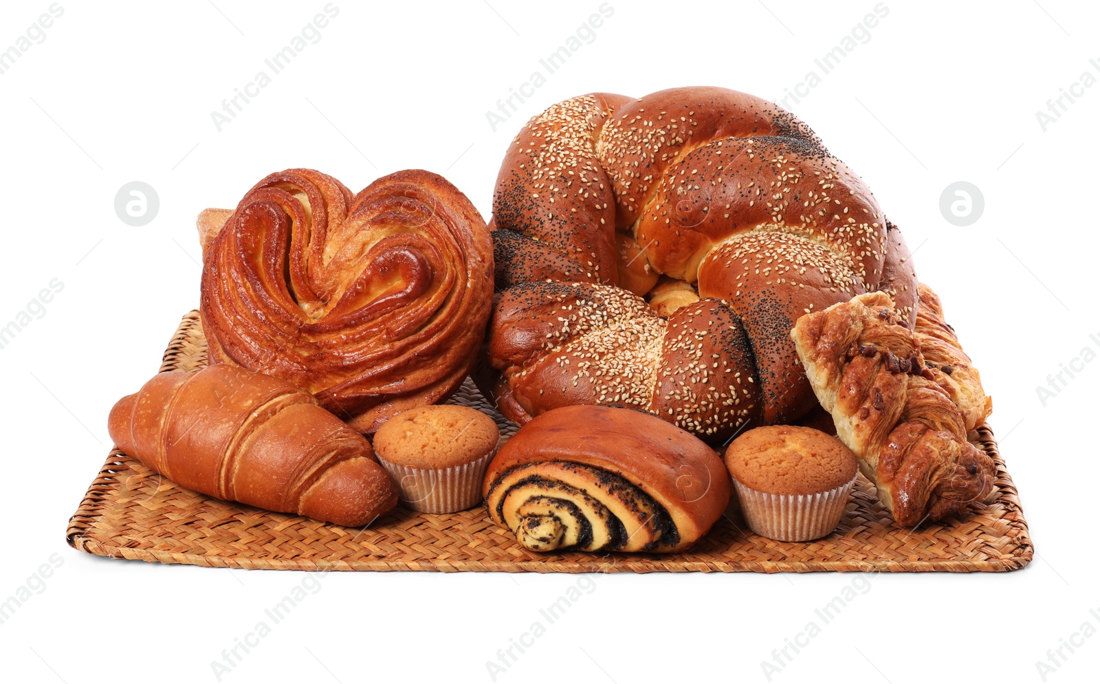 Photo of Different tasty freshly baked pastries isolated on white