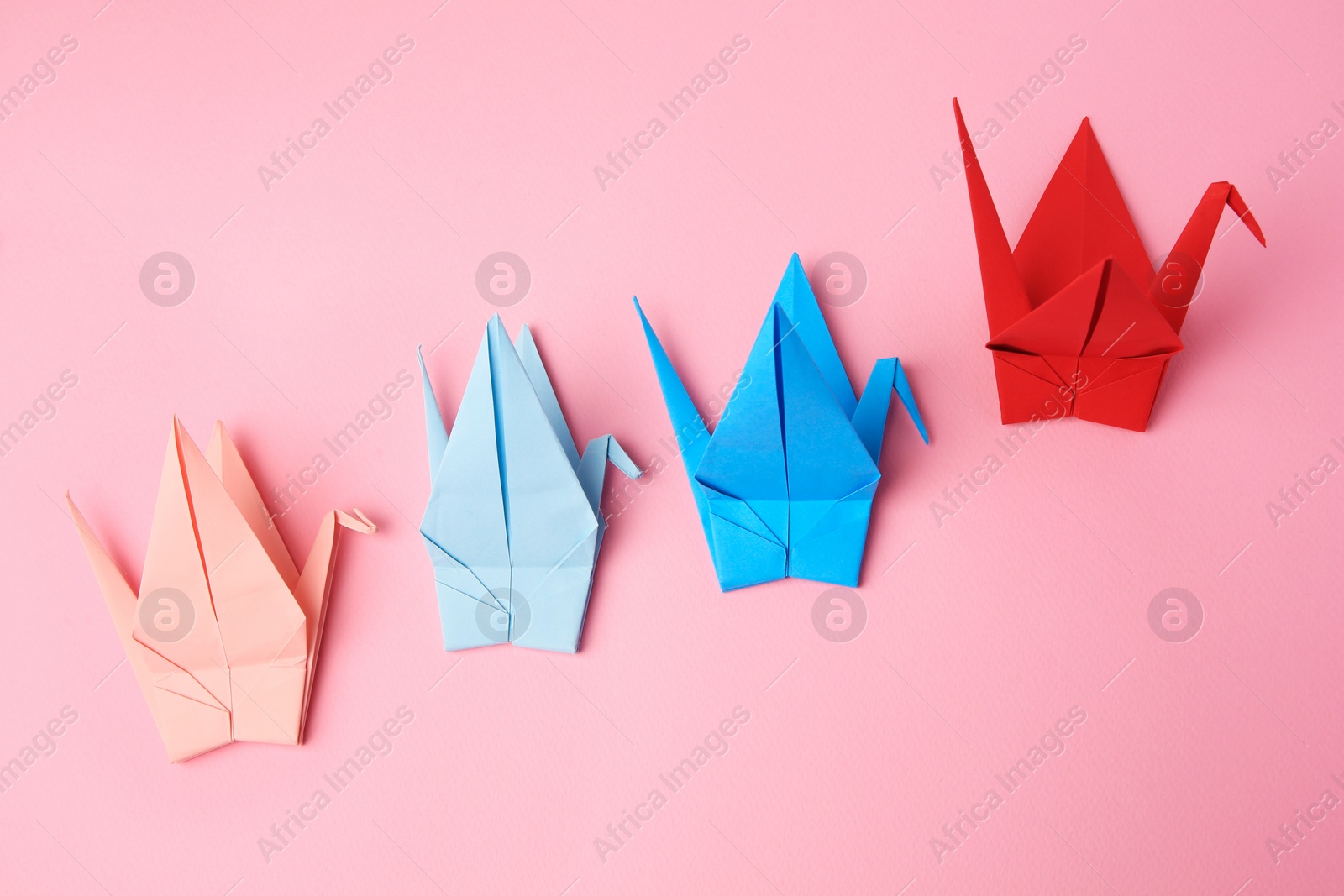 Photo of Colorful paper origami cranes on pink background, flat lay