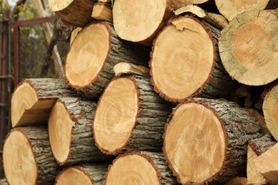 Photo of Stacked firewood outdoors, closeup. Heating in winter