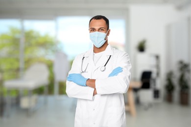 Image of Nurse with stethoscope and medical mask in uniform at hospital