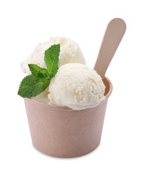 Photo of Paper cup with tasty ice cream and mint leaves isolated on white