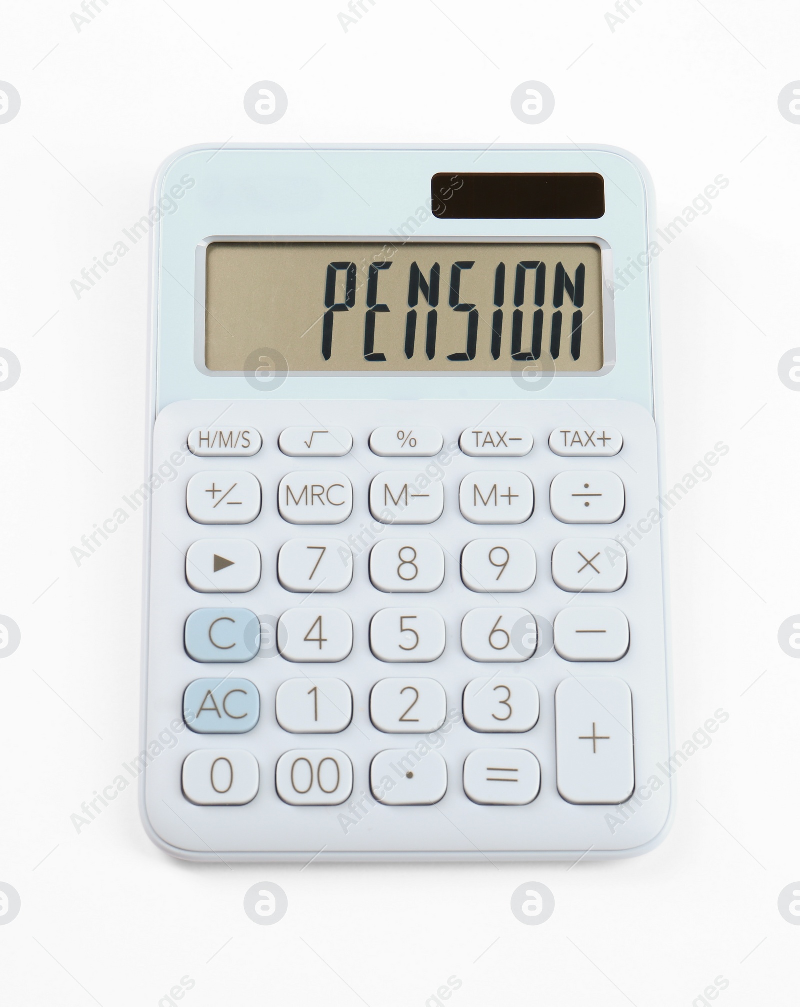 Photo of Light blue calculator isolated on white. Office stationery