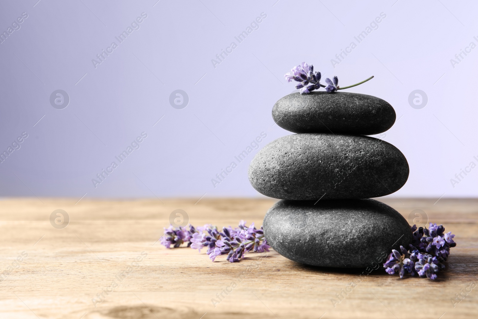 Photo of Spa stones and lavender flowers on wooden table against grey background, space for text.