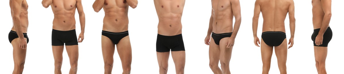 Image of Collage with photos of man wearing underwear on white background, closeup. Banner design