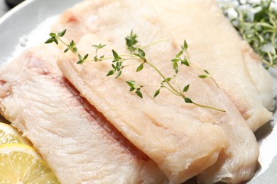 Photo of Raw cod fish, microgreens and lemon on plate, closeup
