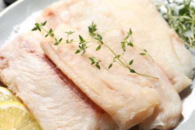 Raw cod fish, microgreens and lemon on plate, closeup