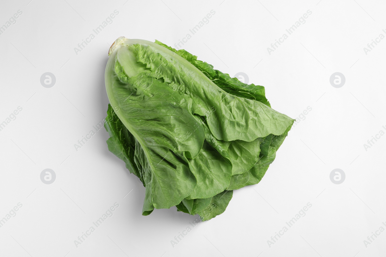 Photo of Fresh green romaine lettuce on white background, top view