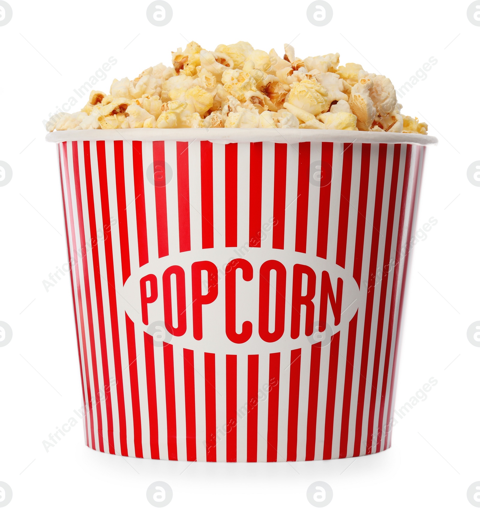 Photo of Tasty fresh pop corn in bucket isolated on white