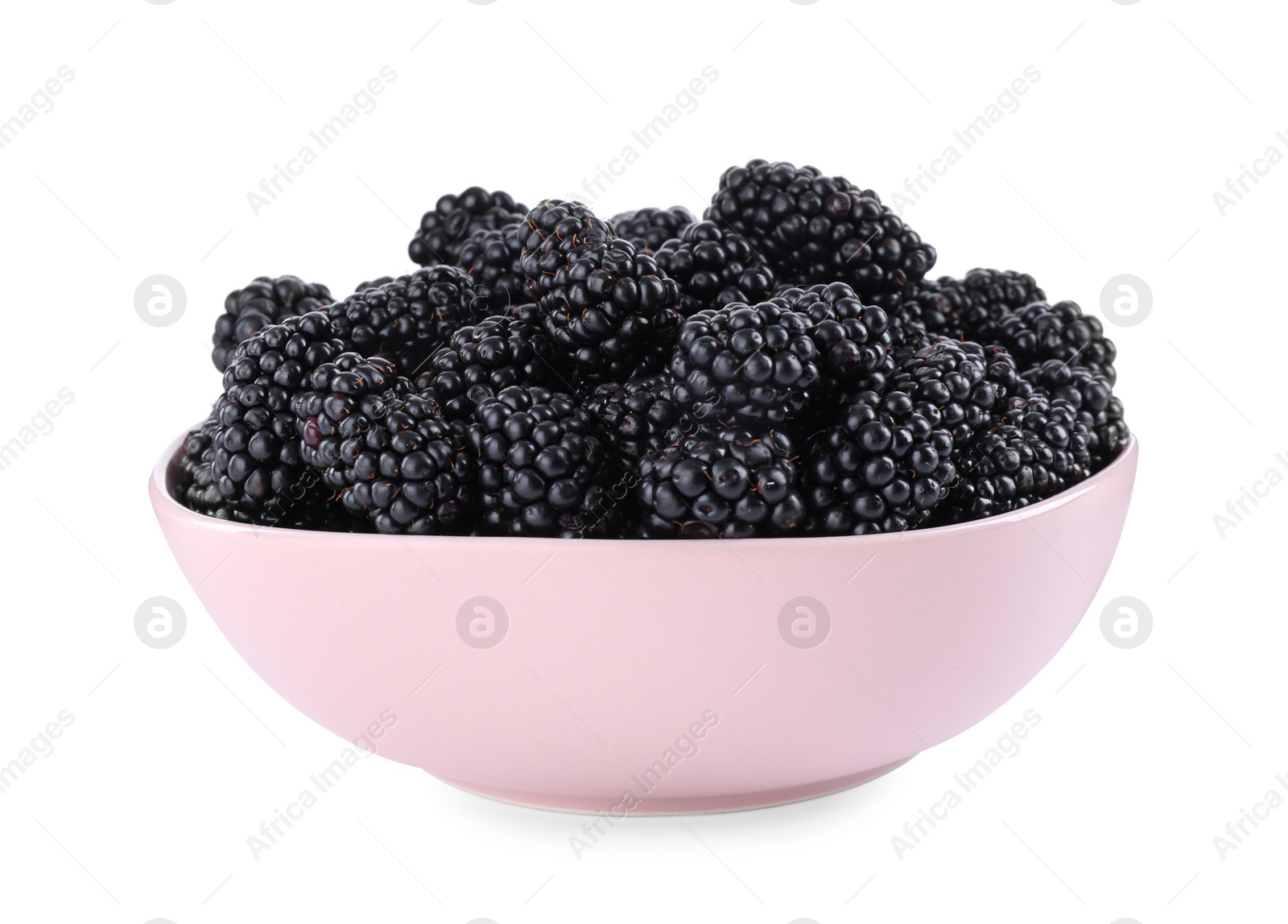 Photo of Fresh ripe blackberries in bowl isolated on white