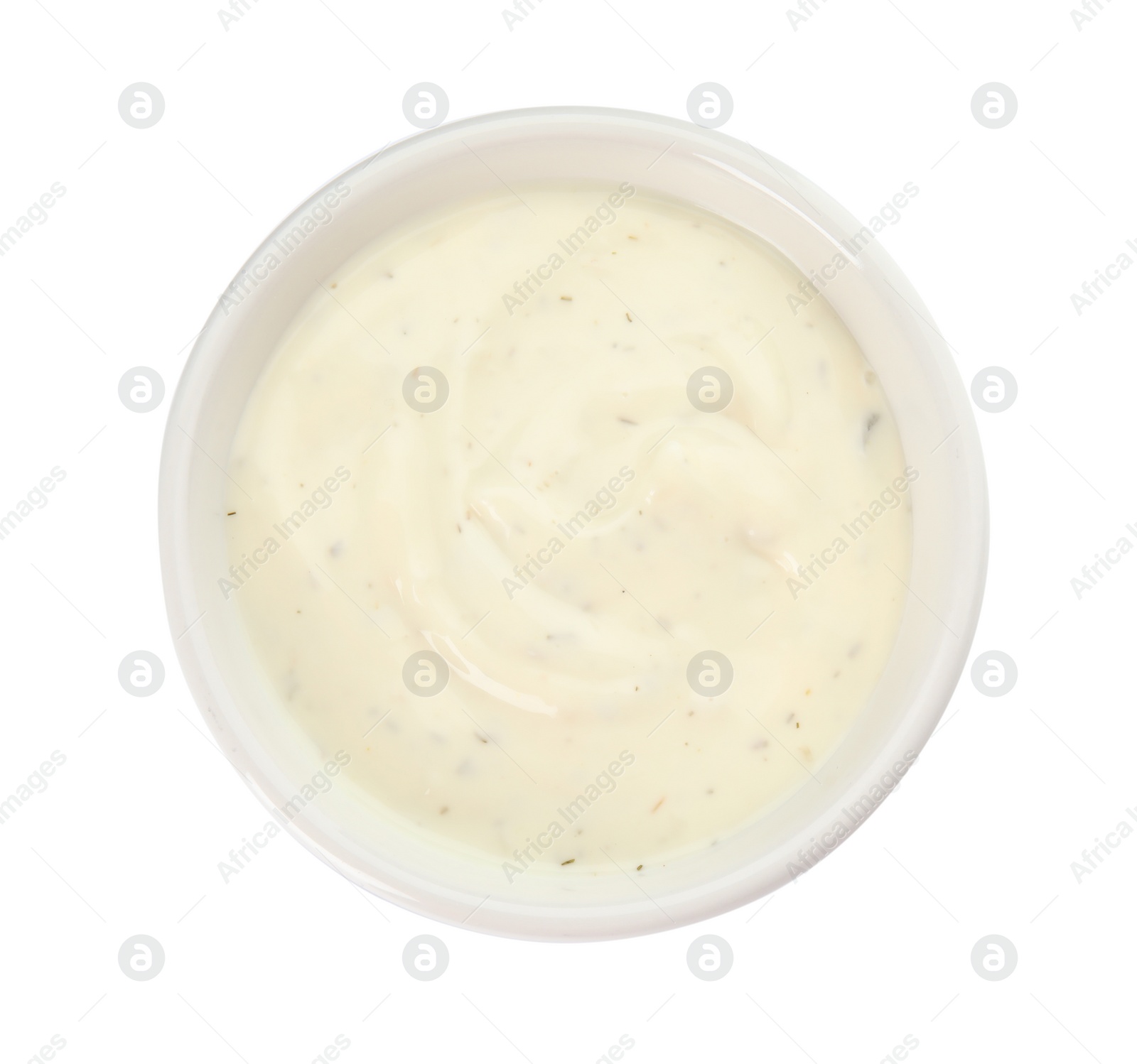 Photo of Bowl of homemade garlic sauce isolated on white, top view