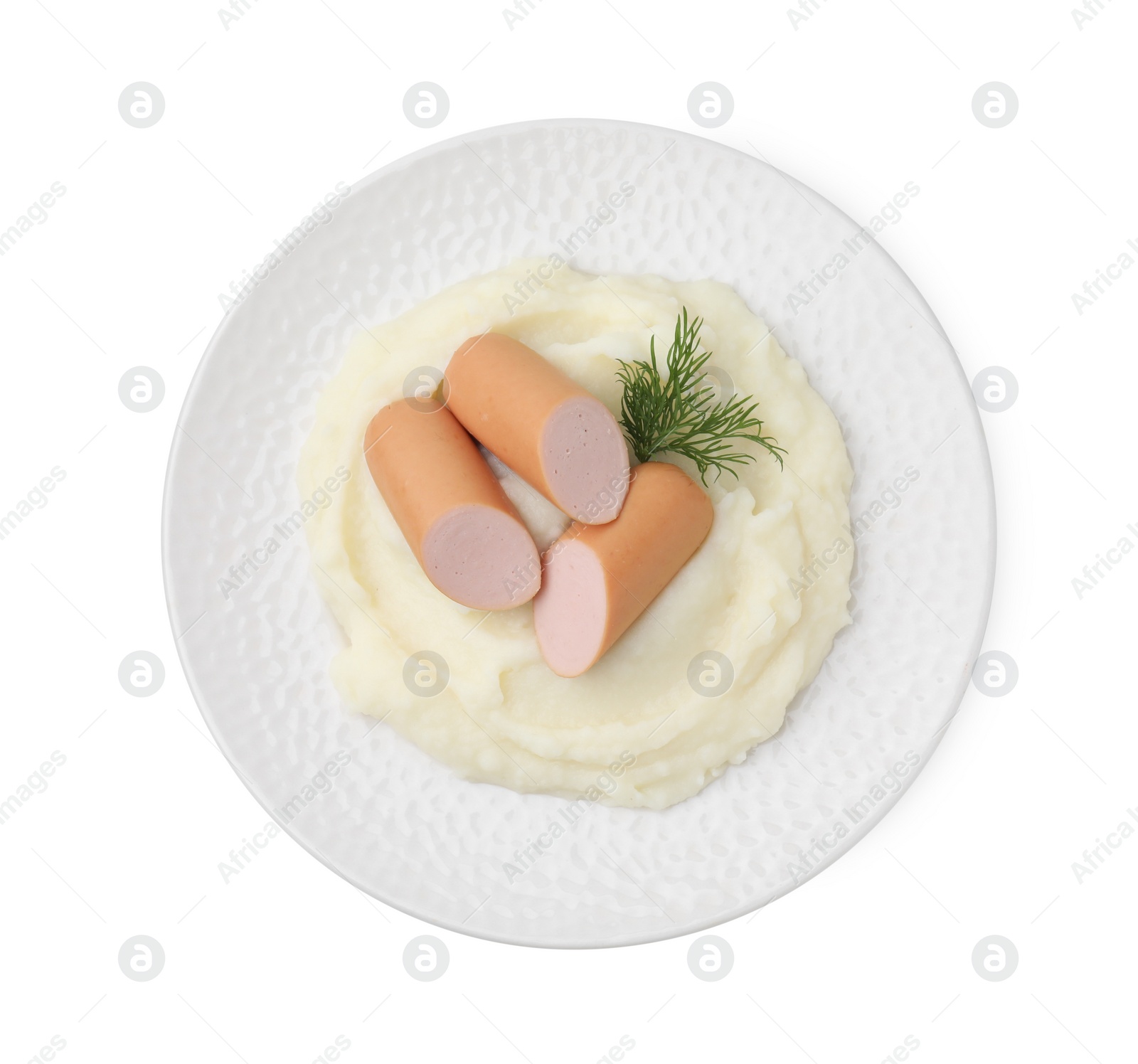 Photo of Delicious boiled sausages, mashed potato and dill isolated on white, top view