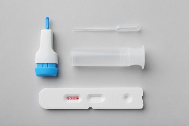 Covid-19 express test kit on light grey background, flat lay