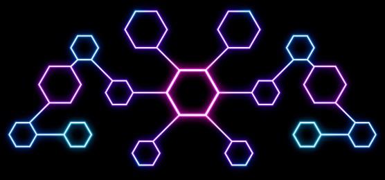 Image of Scheme with hexagons on black background, illustration. Banner design