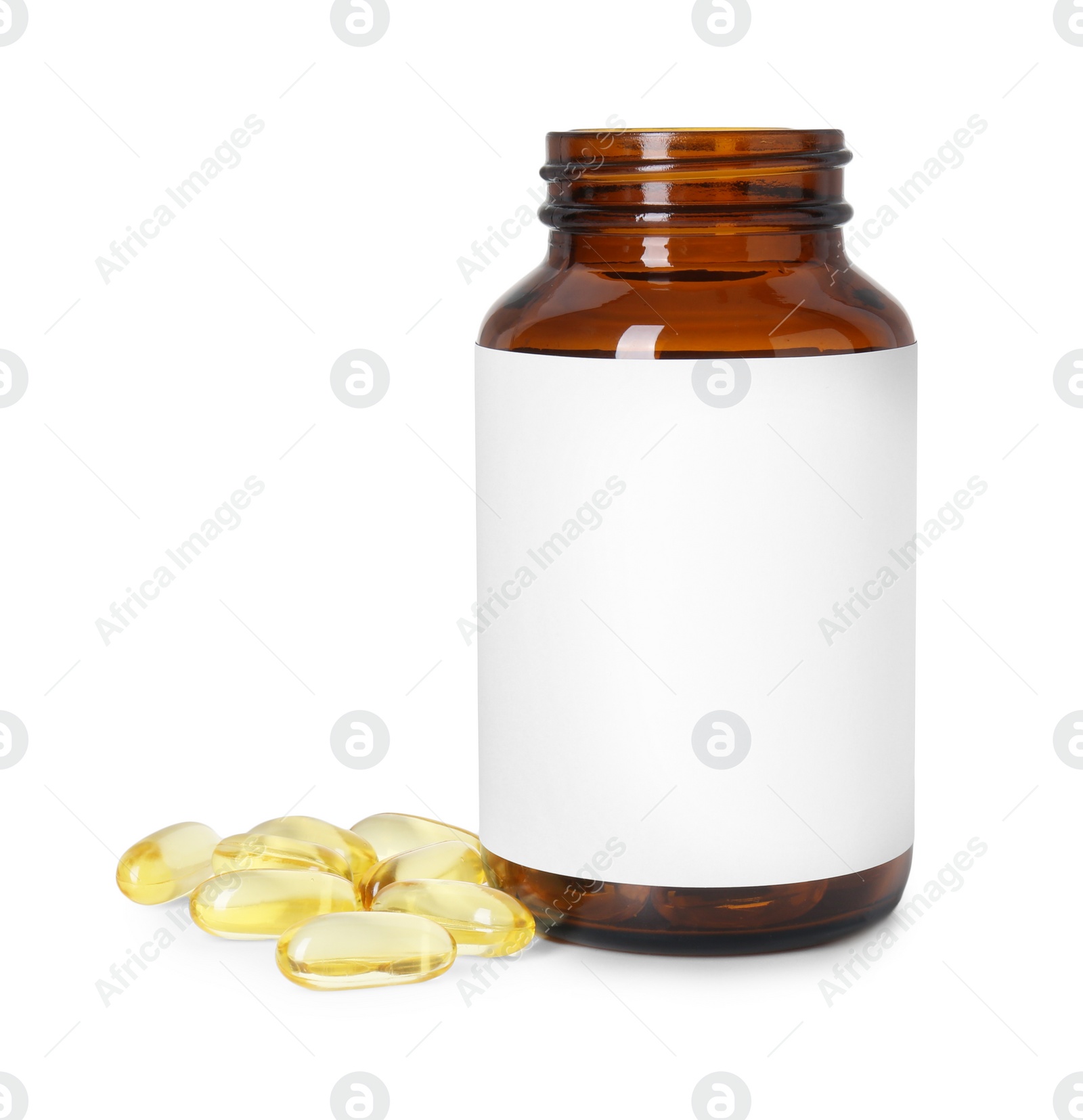 Photo of Bottle and pile of softgel capsules isolated on white