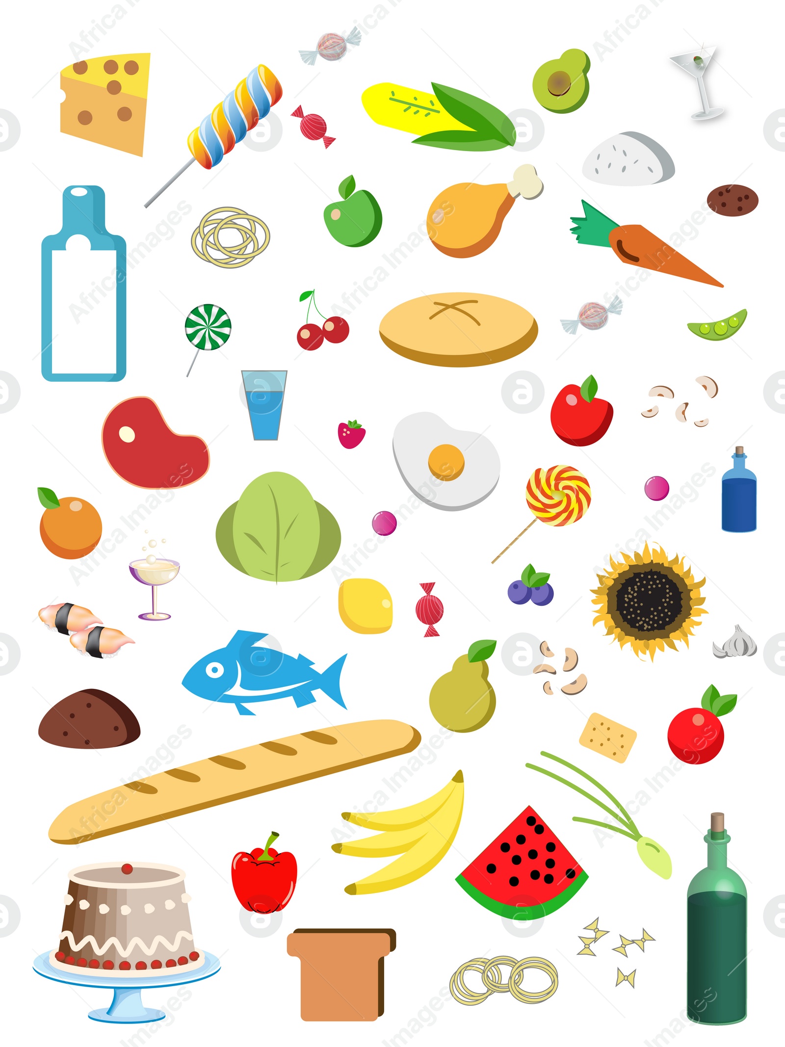 Illustration of Illustrations of different products on white background. Nutritionist's recommendations