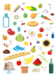 Illustration of Illustrations of different products on white background. Nutritionist's recommendations