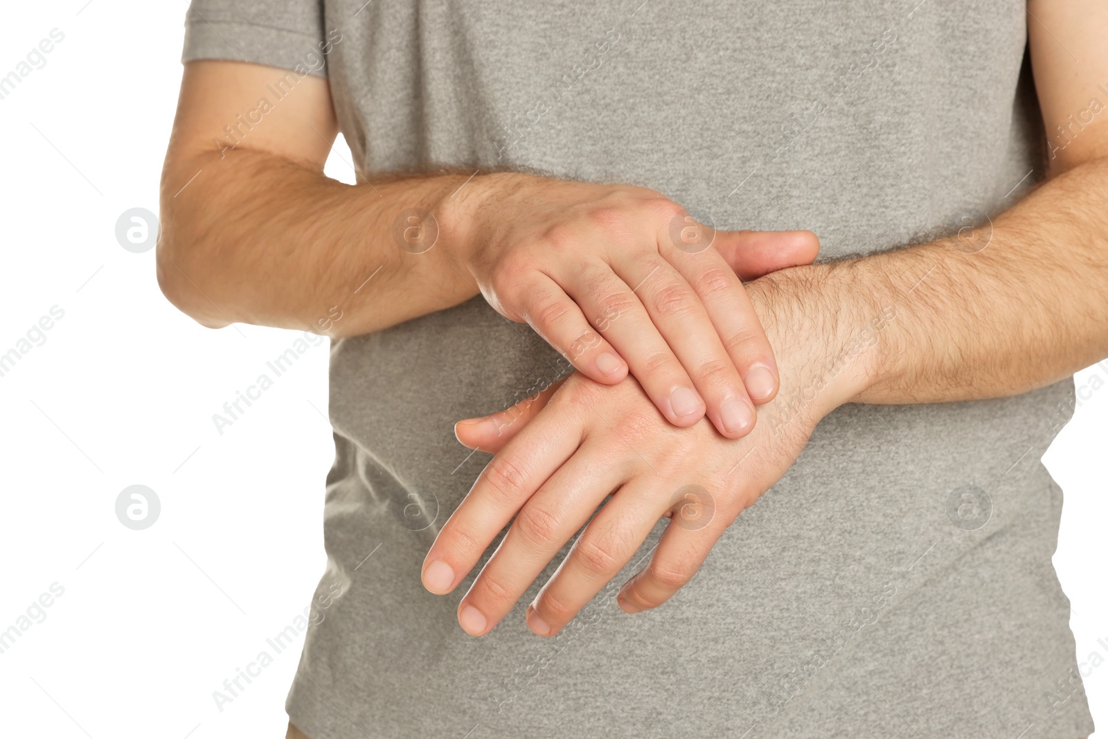 Photo of Man applying cream onto hand against white background, closeup