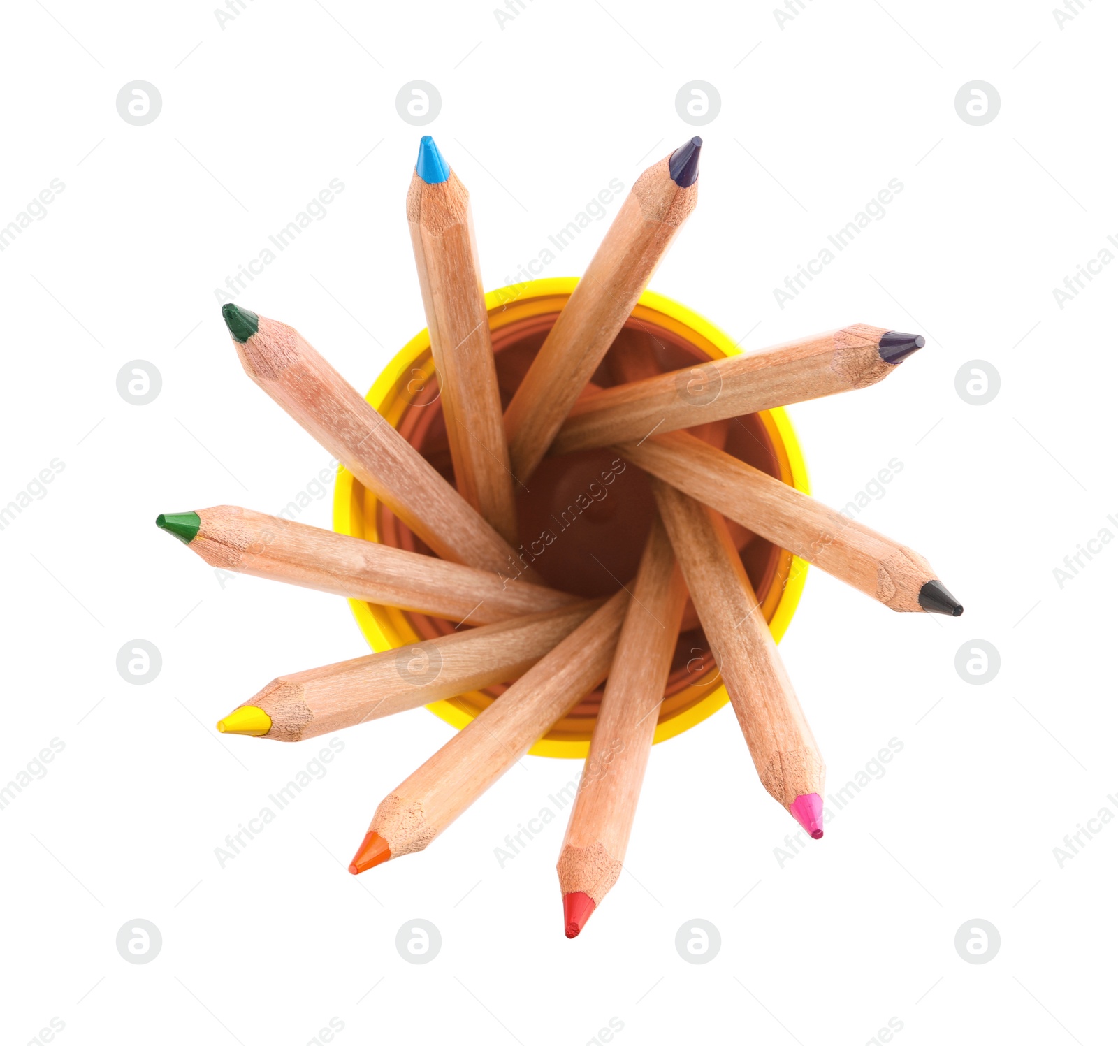 Photo of Different color pencils in holder on white background, top view. School stationery