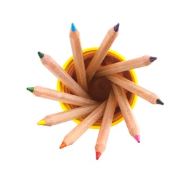 Different color pencils in holder on white background, top view. School stationery