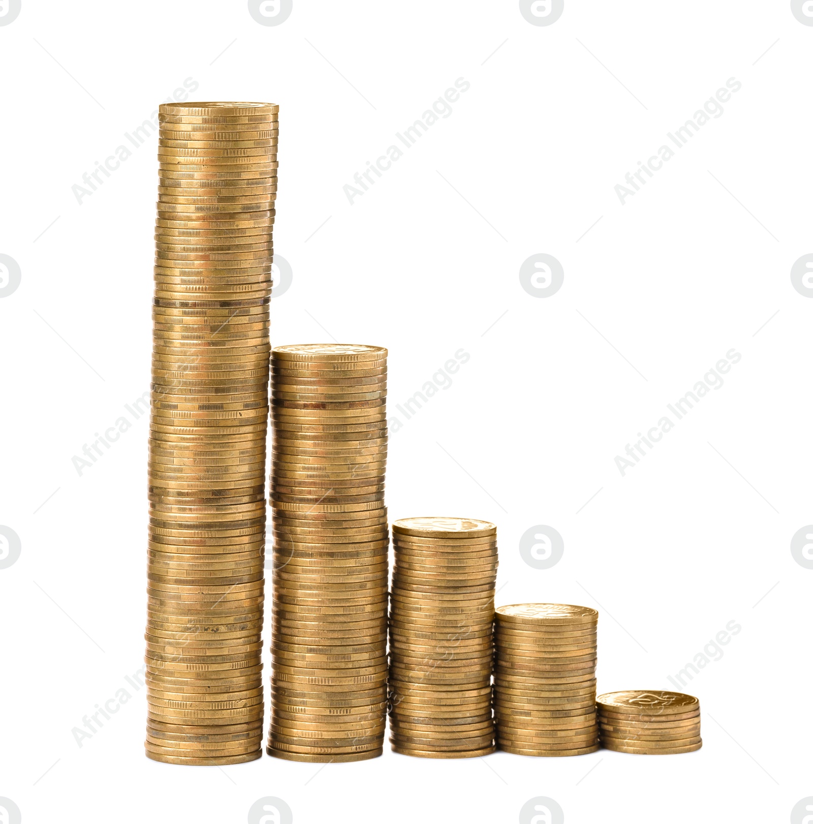 Photo of Many golden coins stacked on white background