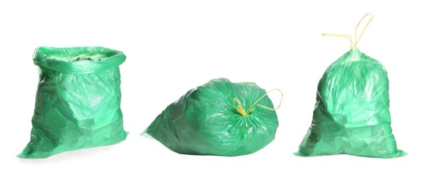 Image of Set with green trash bags full of garbage on white background. Banner design