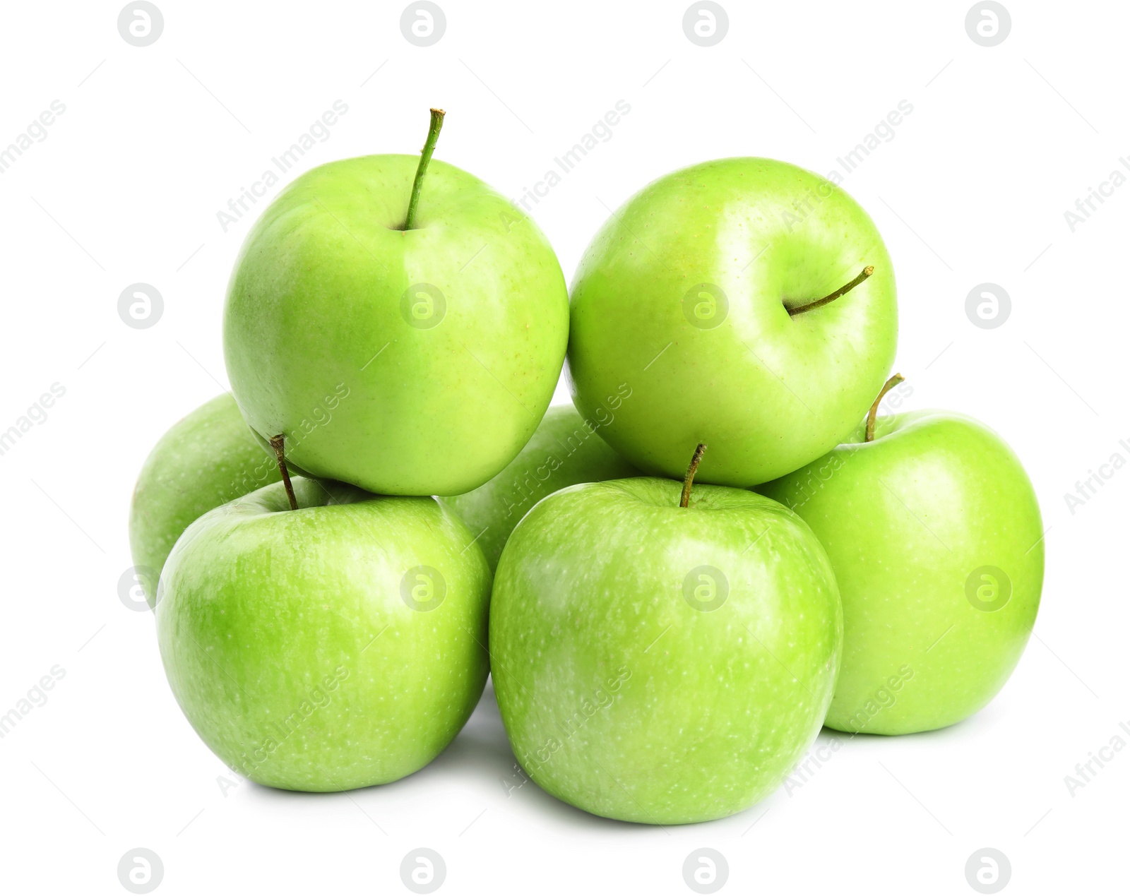 Photo of Pile of fresh ripe green apples on white background