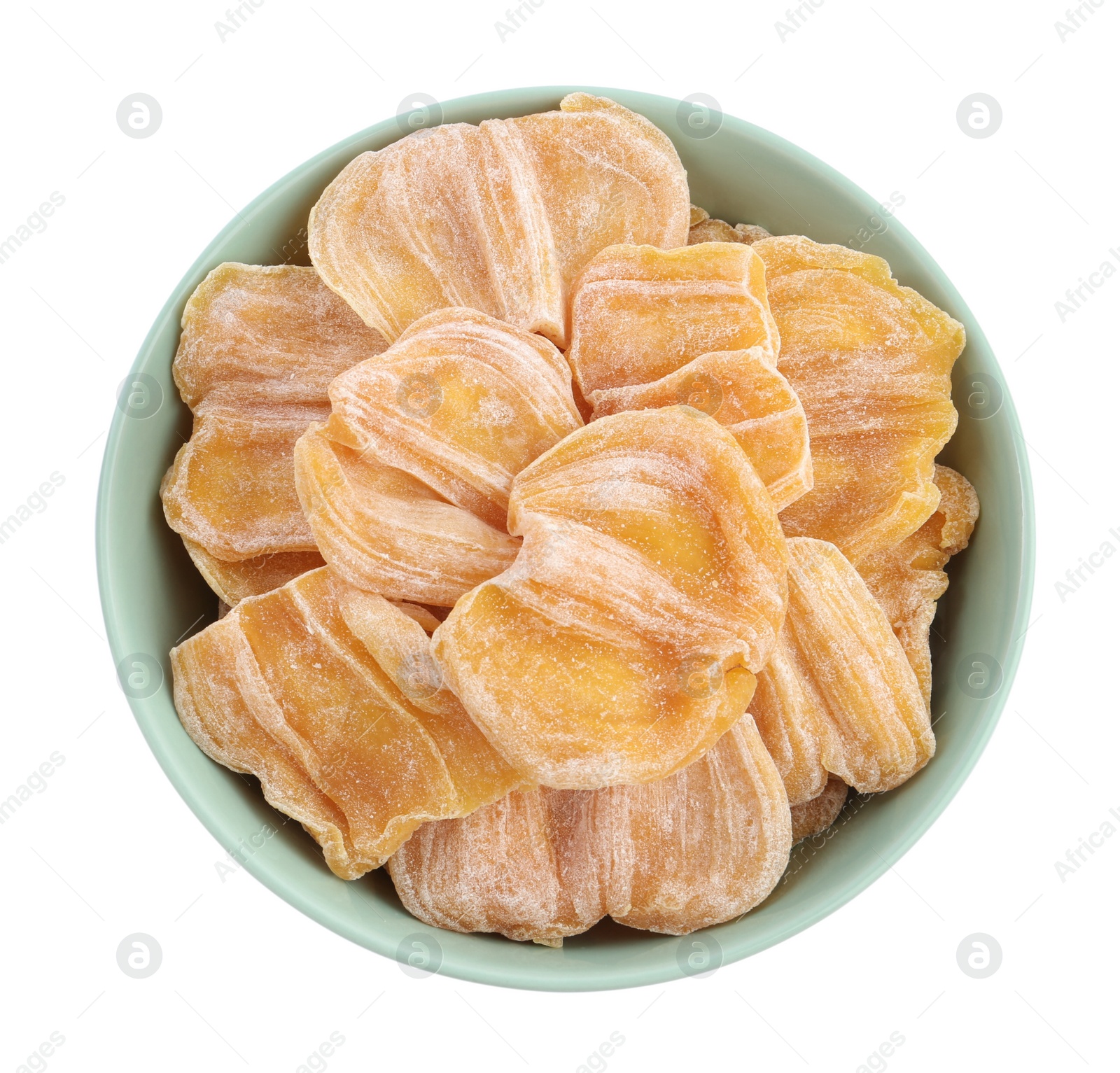 Photo of Delicious dried jackfruit slices in bowl isolated on white, top view