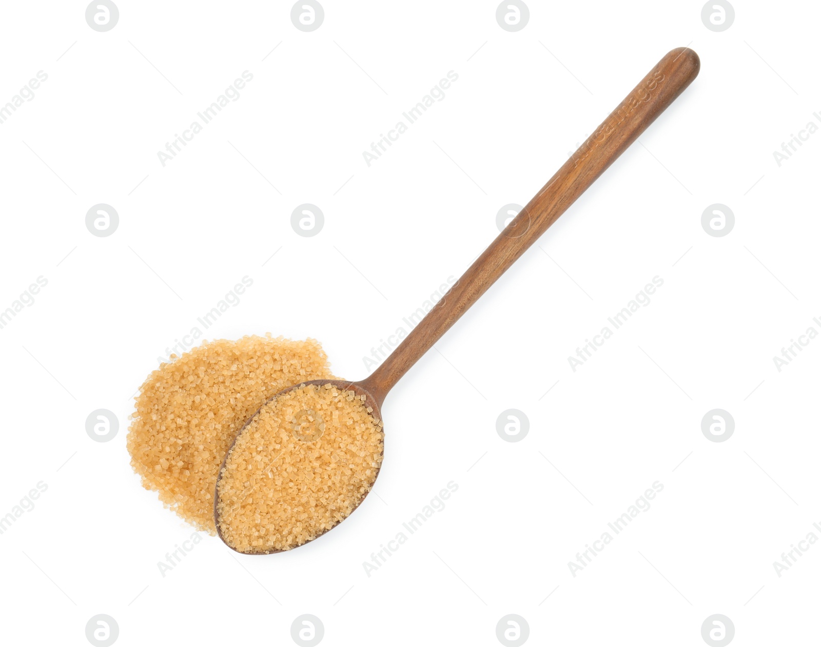 Photo of Pile of brown sugar and wooden spoon isolated on white, top view