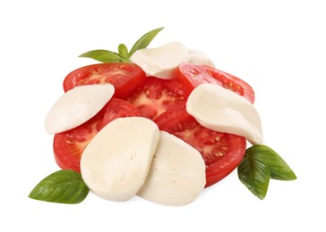 Delicious Caprese salad with tomatoes, mozzarella cheese and basil leaves isolated on white