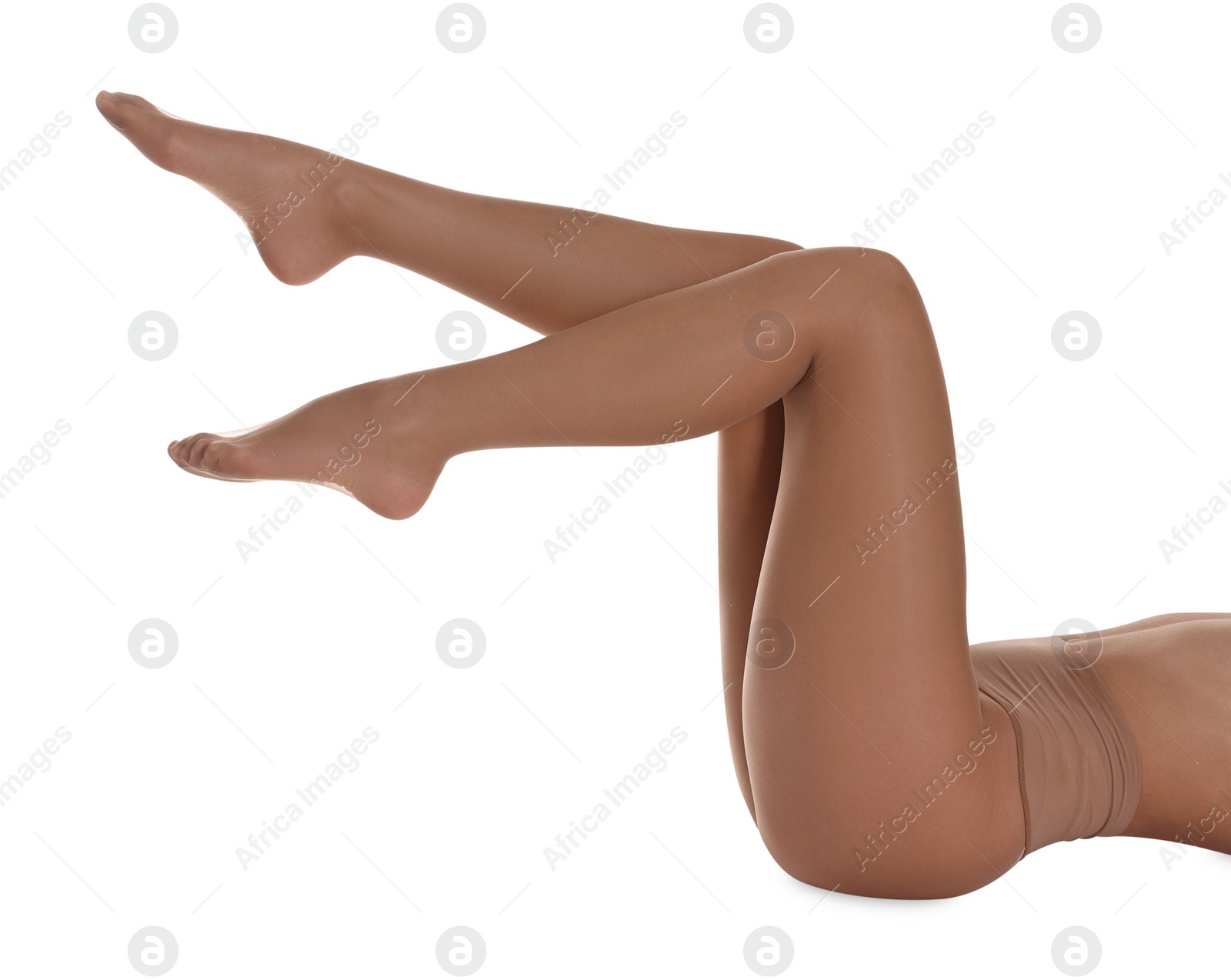 Photo of Woman with beautiful long legs wearing tights on white background, closeup