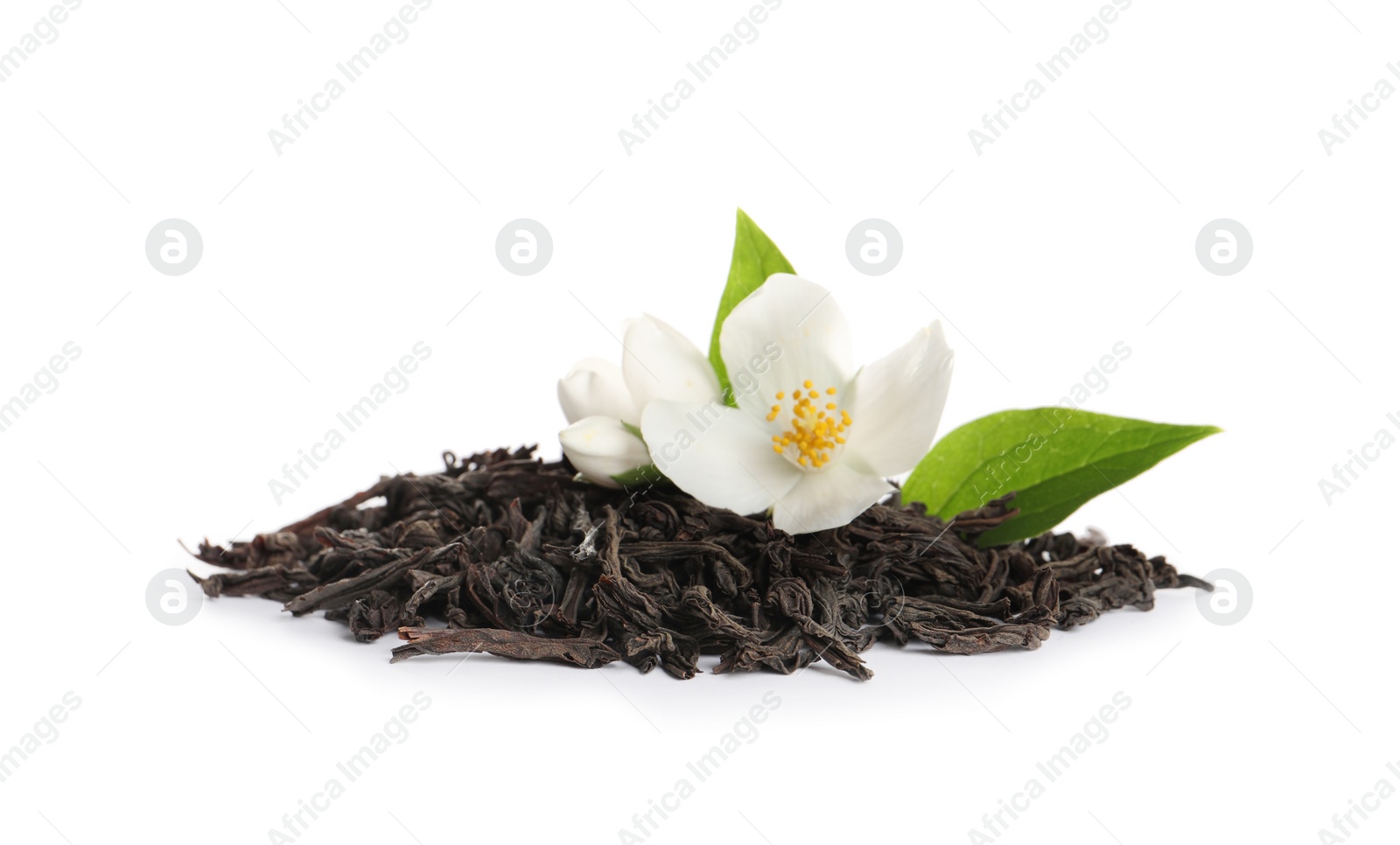 Photo of Dry tea leaves and fresh jasmine flowers on white background