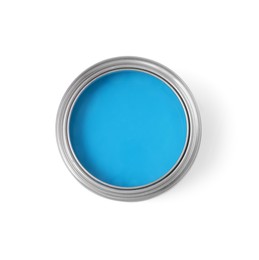 Photo of Can with light blue paint on white background, top view