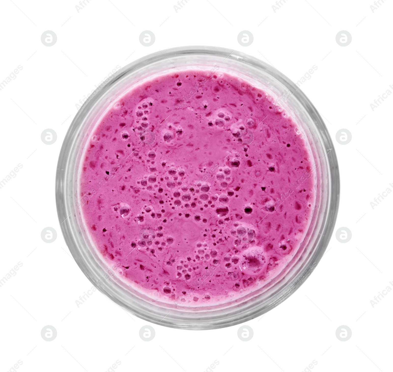 Photo of Glass with blackberry yogurt smoothie on white background, top view