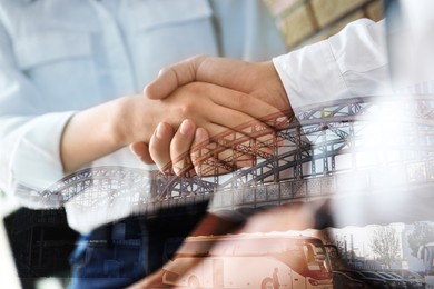 Image of Support or partnership concept. Double exposure with bridge and photo of businesspeople shaking hands