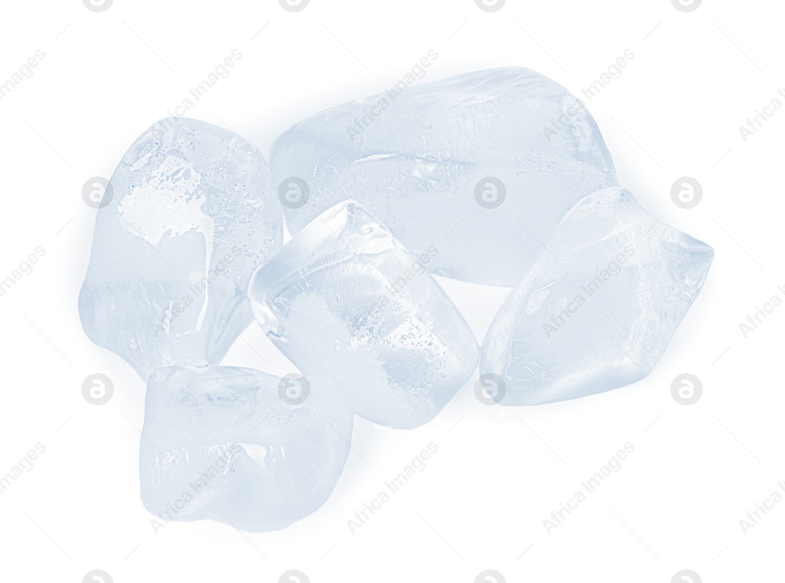 Photo of Pieces of clear ice isolated on white, top view