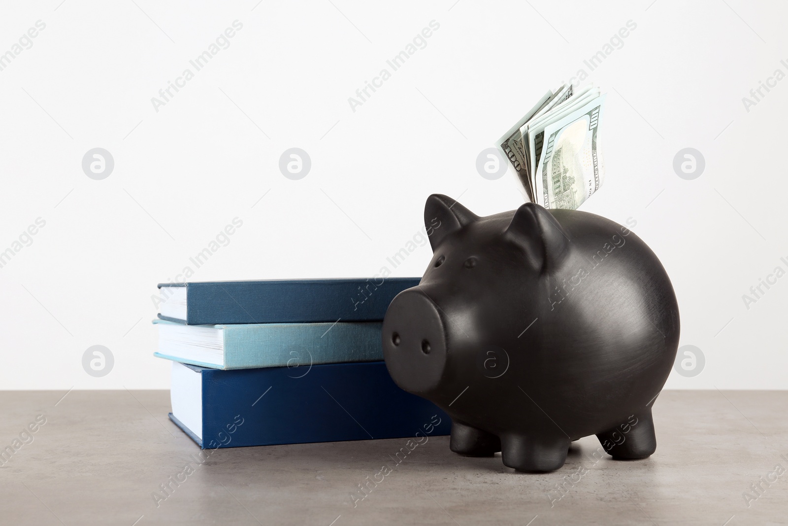 Photo of Piggy bank with dollars and books on table against white background