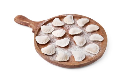 Photo of Raw dumplings (varenyky) with tasty filling and flour on white background