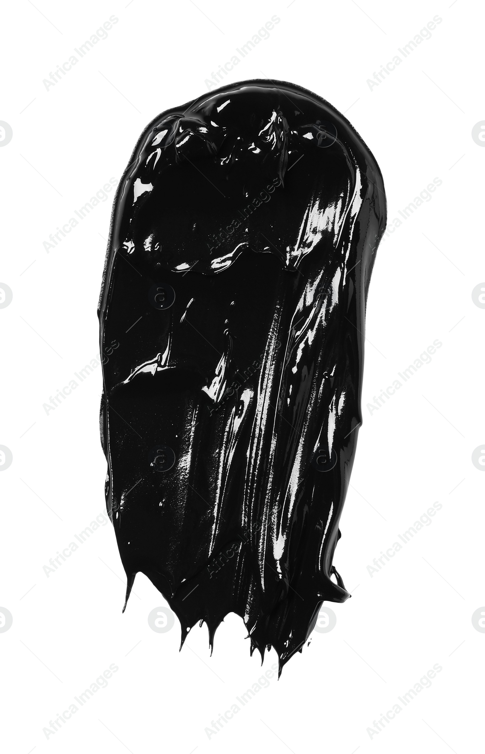 Photo of Smear of black glossy paint on white background, top view