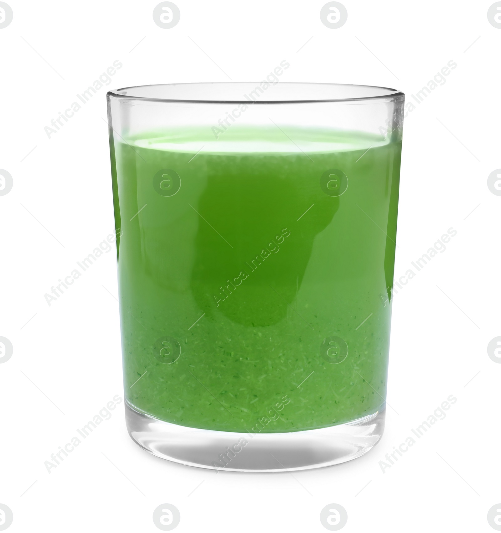 Photo of Glass of fresh celery juice isolated on white