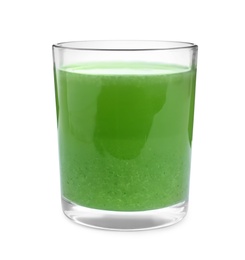 Photo of Glass of fresh celery juice isolated on white