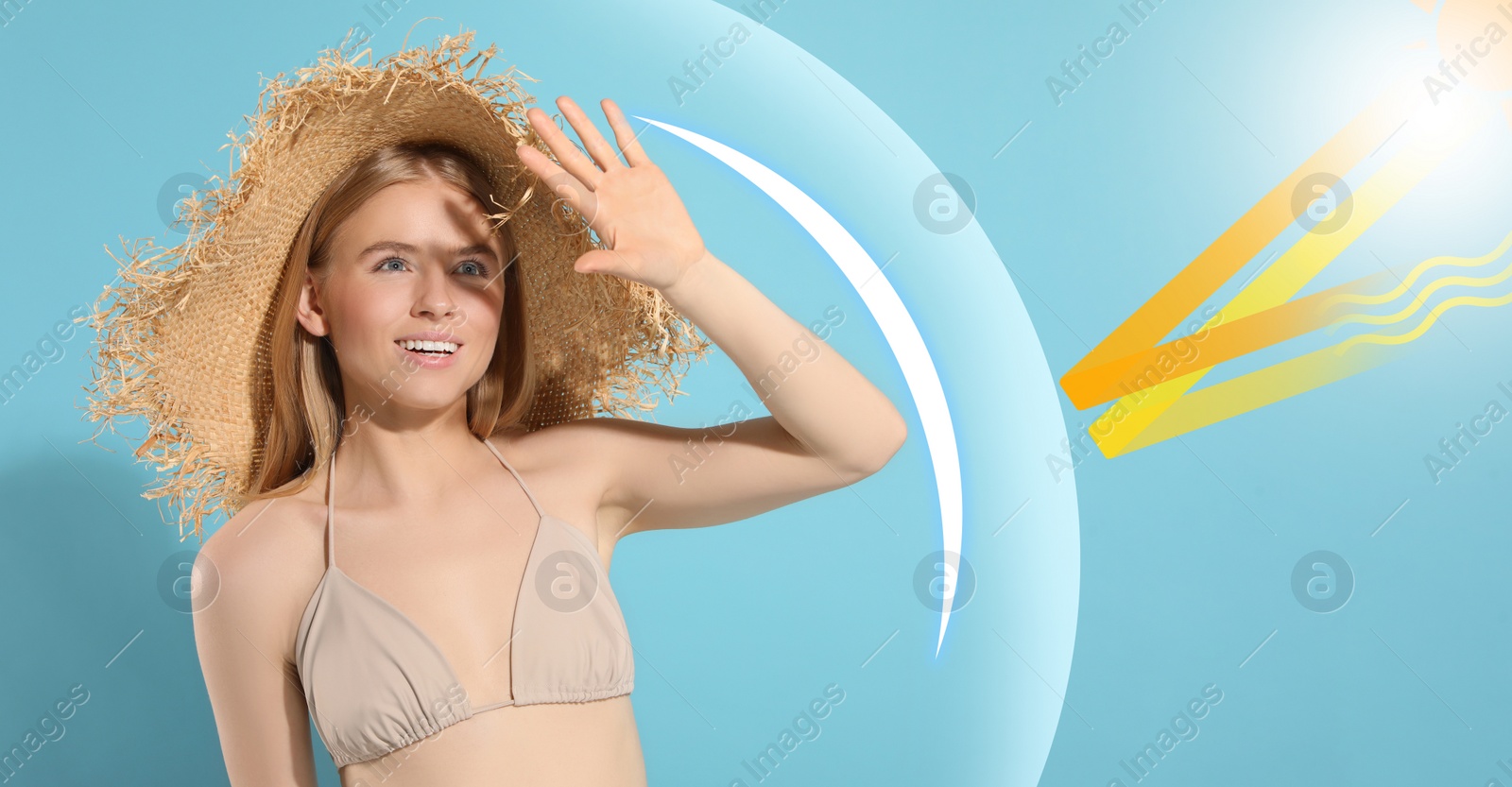 Image of Sun protection product (sunscreen) as barrier against ultraviolet, banner design. Beautiful young woman in straw hat shading herself with hand on light blue background