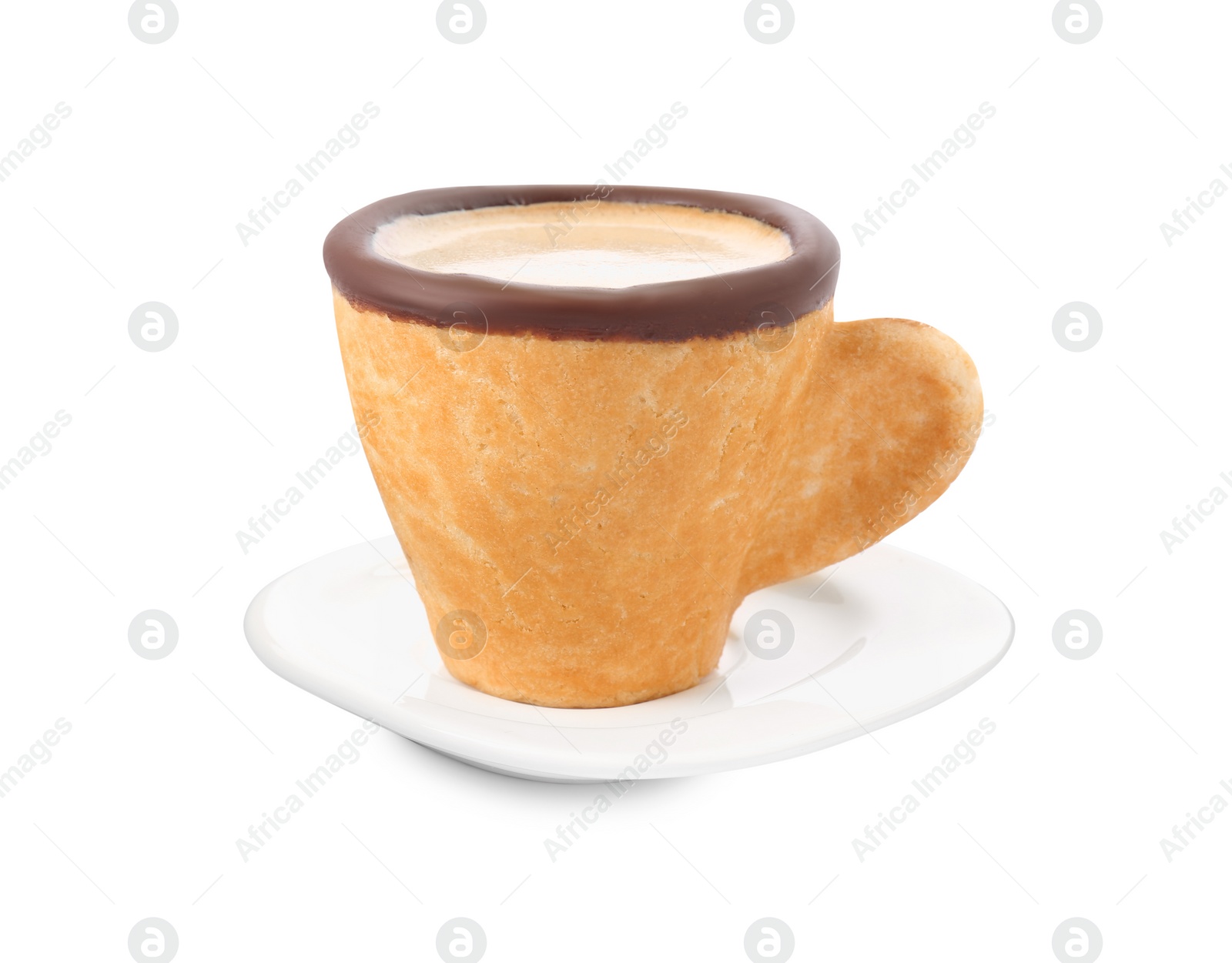 Photo of Delicious biscuit cup with coffee isolated on white