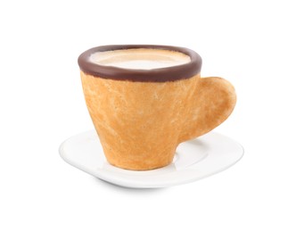 Photo of Delicious biscuit cup with coffee isolated on white