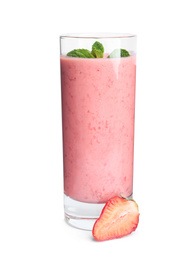 Photo of Tasty strawberry smoothie with mint in glass isolated on white