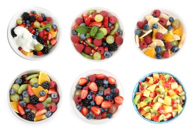 Fruit salad, collection. Mixed fresh berries and fruits in bowls isolated on white, top view