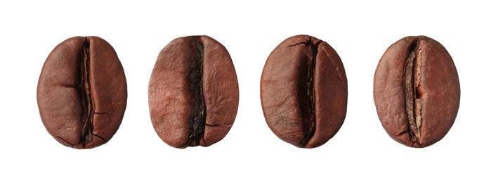 Image of Set with aromatic roasted coffee beans on white background. Banner design