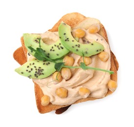 Photo of Delicious sandwich with hummus, avocado and chickpeas on white background, top view